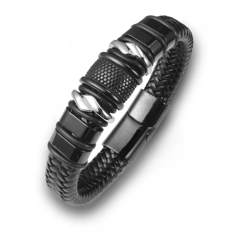 Bransoletka Męska skórzana z koralikami – platerowana stal nierdzewna