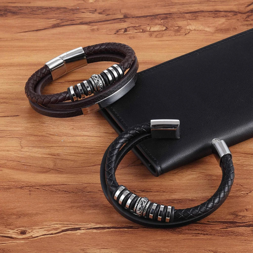 Bransoletka Męska Wielowarstwowa z Plecionej Skóry Naturalnej