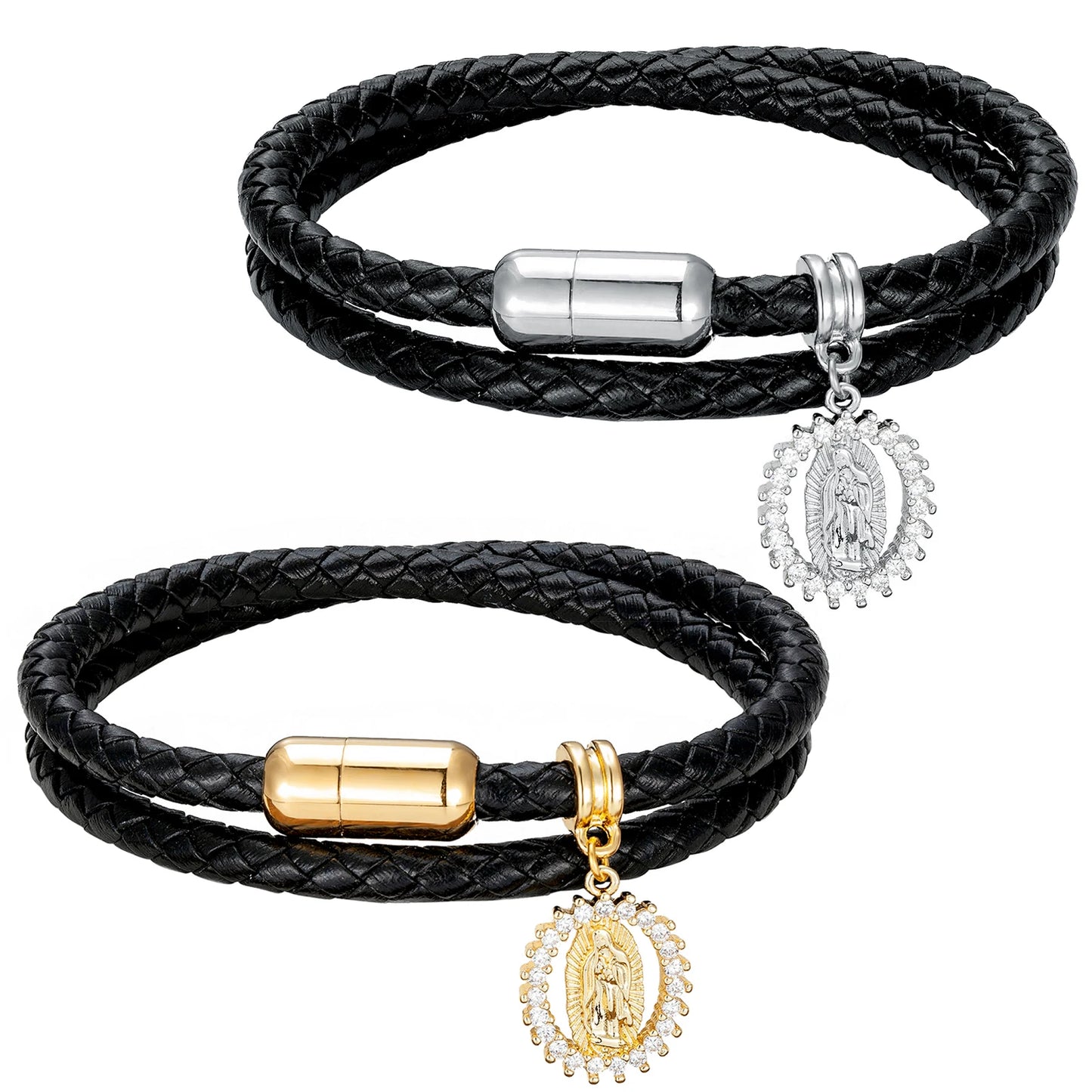 Bransoletka Pleciona Wielowarstwowa Skórzana z Wisiorkiem Jezus Pozłacana