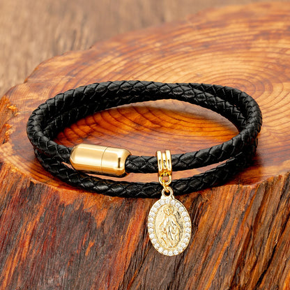 Bransoletka Pleciona Wielowarstwowa Skórzana z Wisiorkiem Jezus Pozłacana