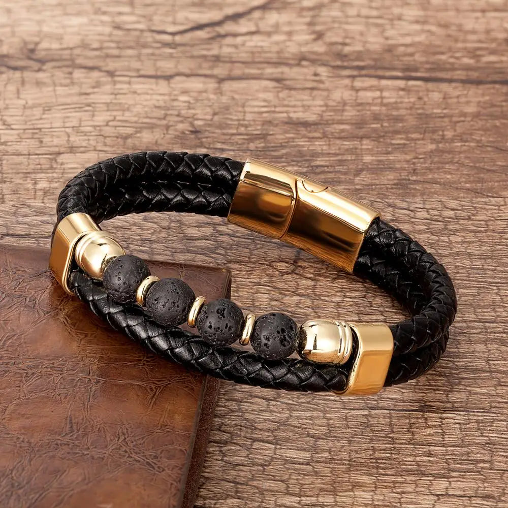 Bransoletka Wielowarstwowa z Prawdziwej Skóry z Koralikami z Naturalnych Kamieni