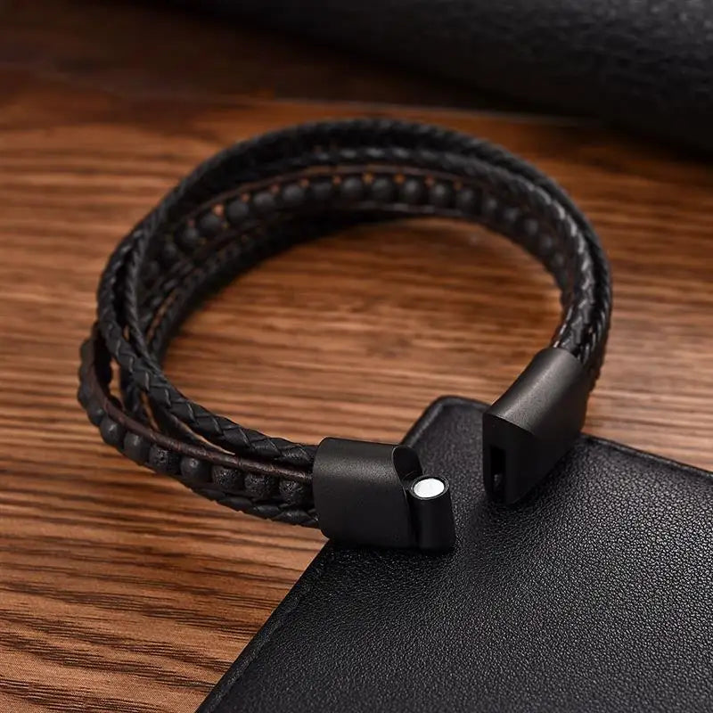 Bransoletka z Naturalnymi Zielonymi Kamieniami Skórzana Pleciona z Koralikami Vintage