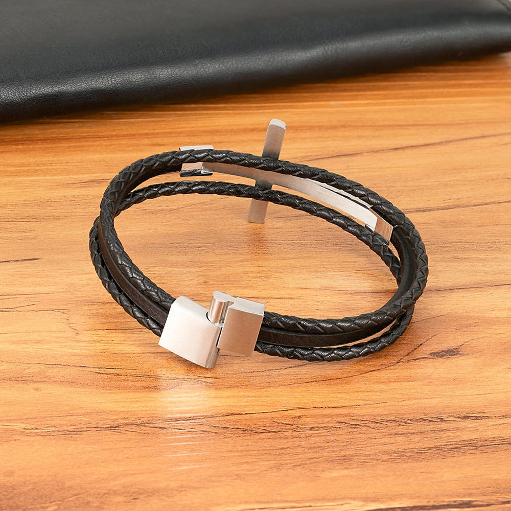 Bransoletka ze Stali Nierdzewnej dla Mężczyzn – Skórzany Design z Krzyżem