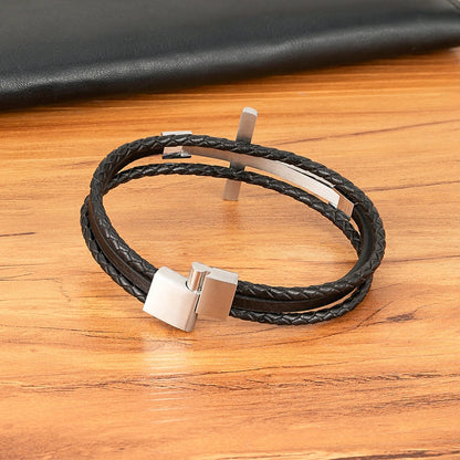 Bransoletka ze Stali Nierdzewnej dla Mężczyzn – Skórzany Design z Krzyżem