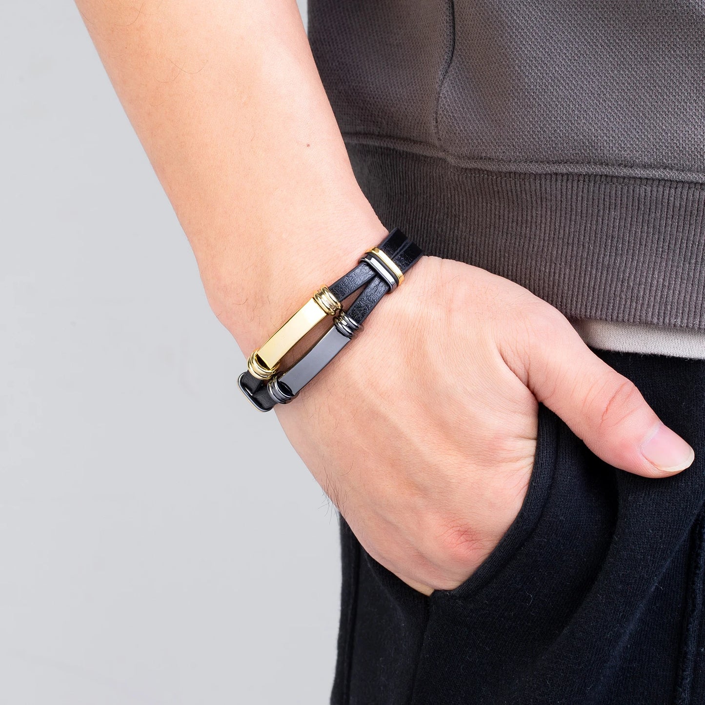 Bransoletka dla mężczyzn i chłopców z plecioną skórą i stalą nierdzewną