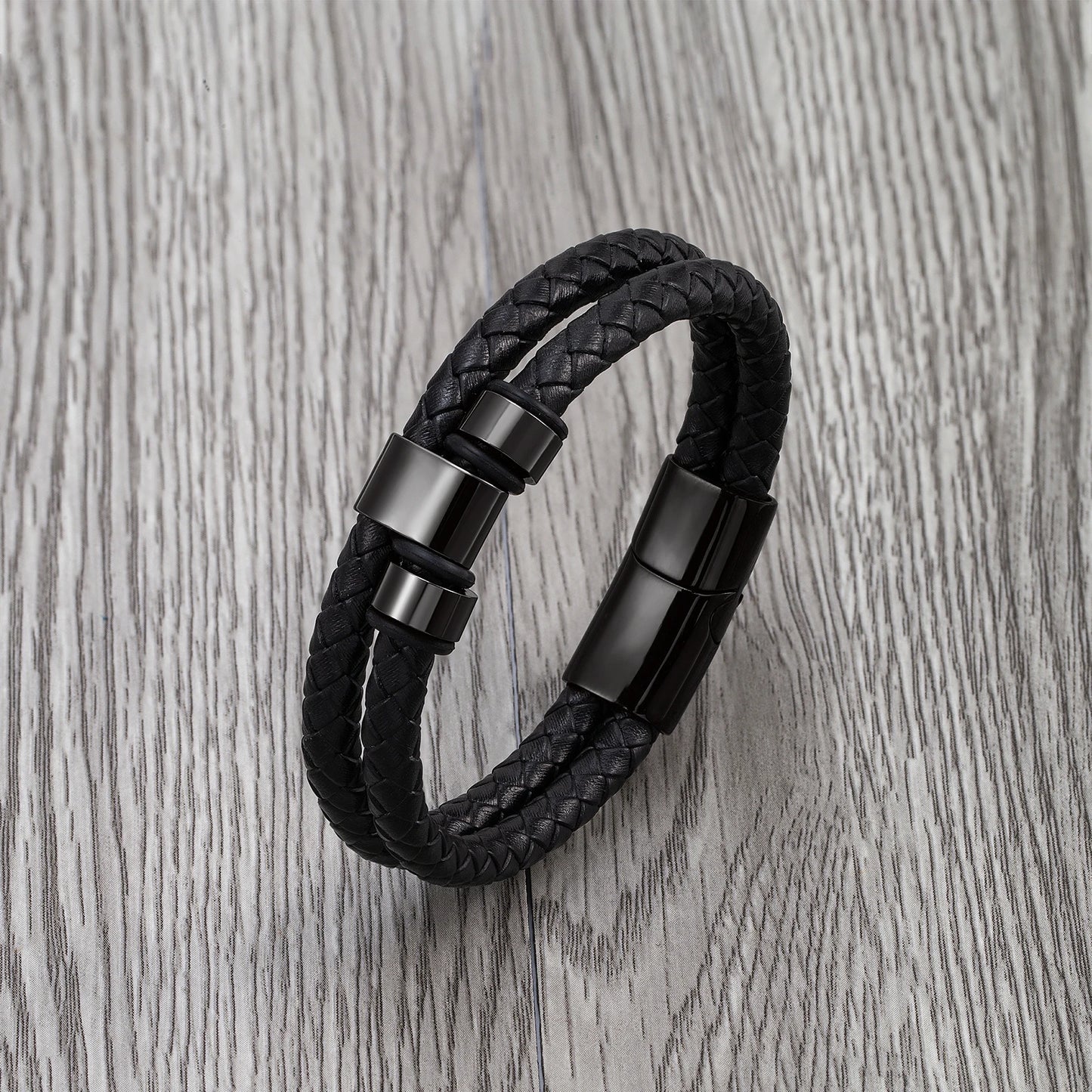 Bransoletka męska ze stali nierdzewnej – podwójny skórzany rzemień z motywem gór