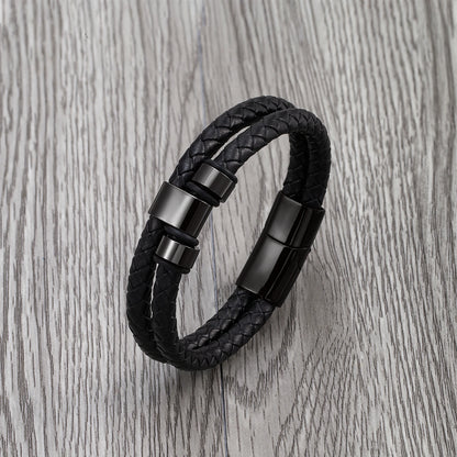 Bransoletka męska ze stali nierdzewnej – podwójny skórzany rzemień z motywem gór