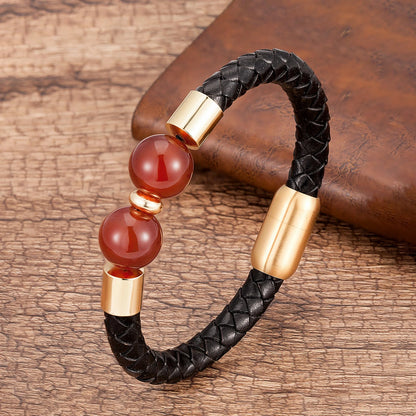Bransoletka Unisex z Naturalnym Kamieniem i Skórą - Styl Punk