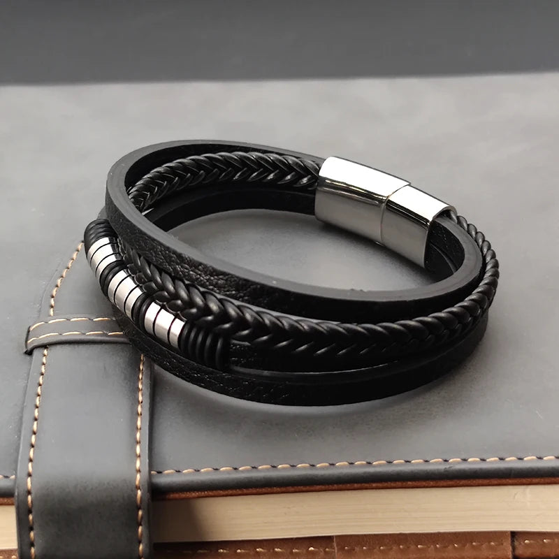 Bransoletka  Męska ze Stali Nierdzewnej i Plecionej Skóry