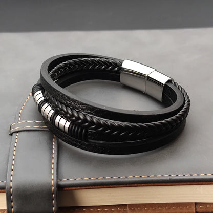 Bransoletka  Męska ze Stali Nierdzewnej i Plecionej Skóry