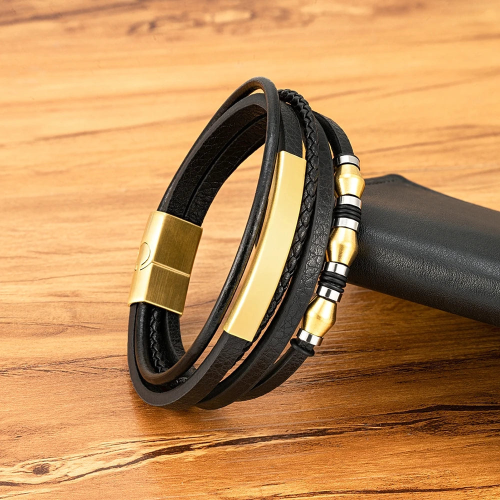 Bransoleta Męska Skórzana z koralikami ze Stali Nierdzewnej