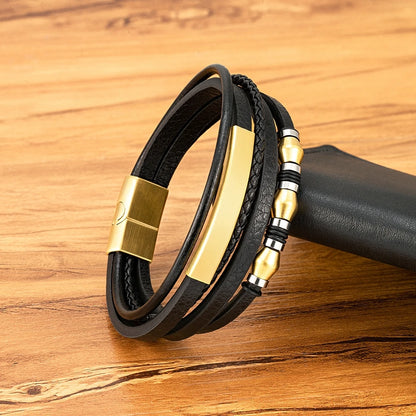 Bransoleta Męska Skórzana z koralikami ze Stali Nierdzewnej