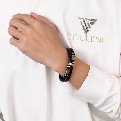 Bransoletka Męska Amulet z Kompasem Wikingów i Runami z Mitologii Nordyckiej, Skóra Naturalna i Stal Nierdzewna