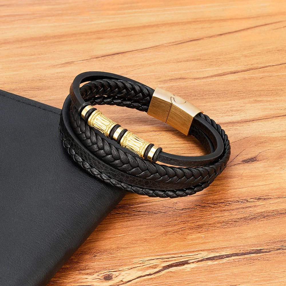 Bransoletka Męska ze Stali Chirurgicznej i Skóry – Wielowarstwowy Design