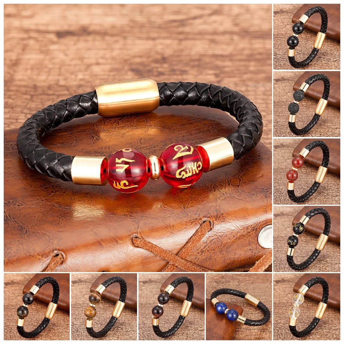 Bransoletka Unisex z Naturalnym Kamieniem i Skórą - Styl Punk