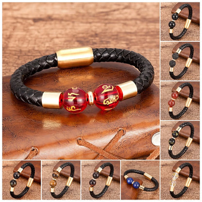 Bransoletka Unisex z Naturalnym Kamieniem i Skórą - Styl Punk