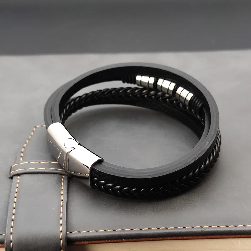 Bransoletka  Męska ze Stali Nierdzewnej i Plecionej Skóry