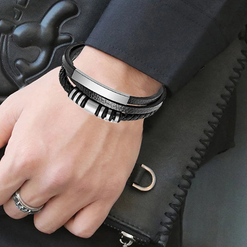 Bransoletka Męska z Plecionej Skóry i Stali Nierdzewnej