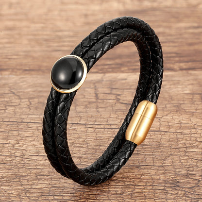 Bransoletka Pleciona z Prawdziwej Skóry, z Okrągłymi Koralikami z Naturalnych Kamieni Tygrysie Oko