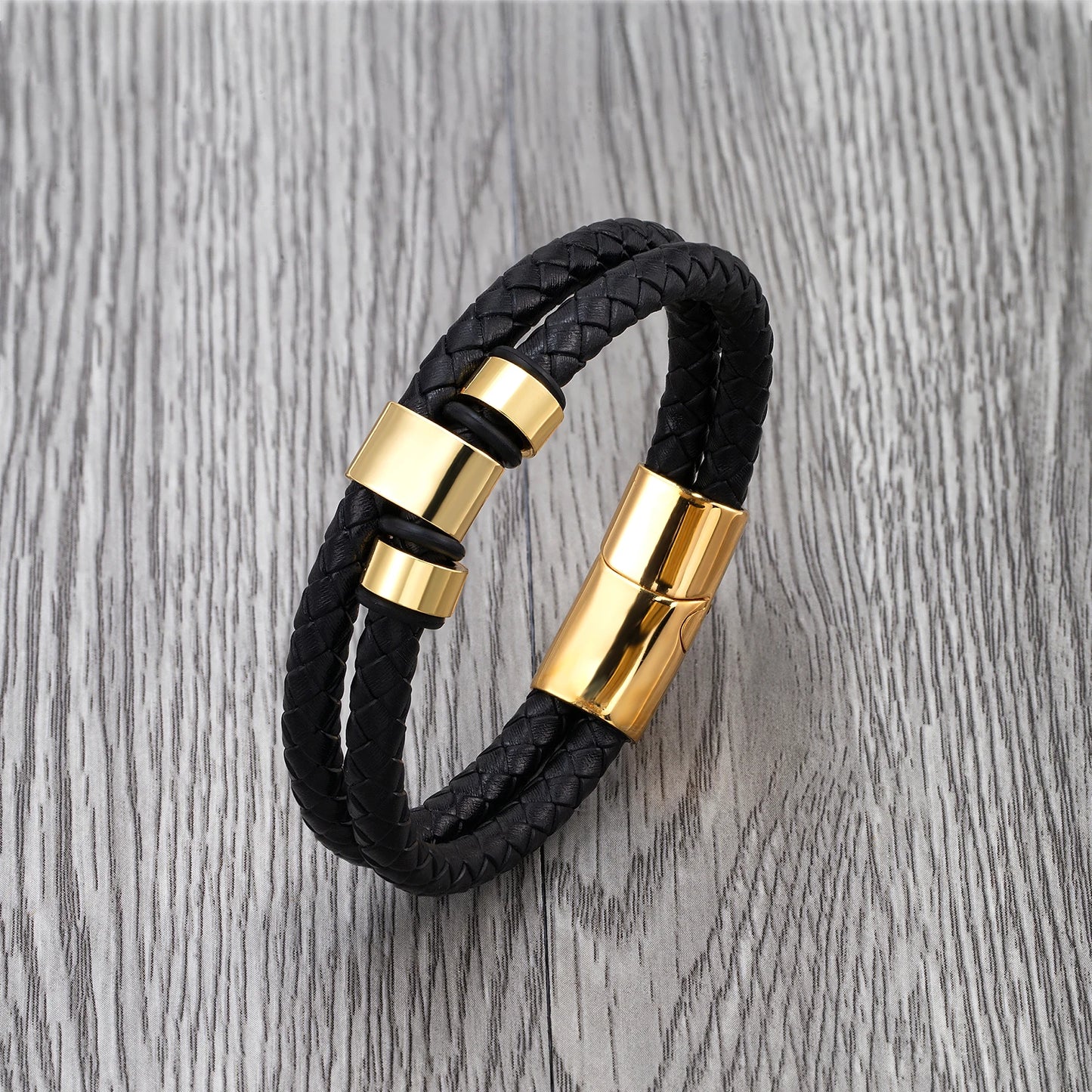 Bransoletka męska ze stali nierdzewnej – podwójny skórzany rzemień z motywem gór