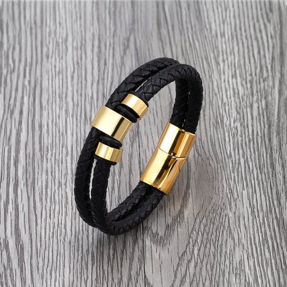 Bransoletka męska ze stali nierdzewnej – podwójny skórzany rzemień z motywem gór