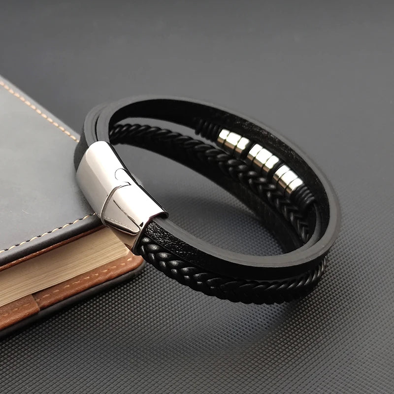 Bransoletka  Męska ze Stali Nierdzewnej i Plecionej Skóry