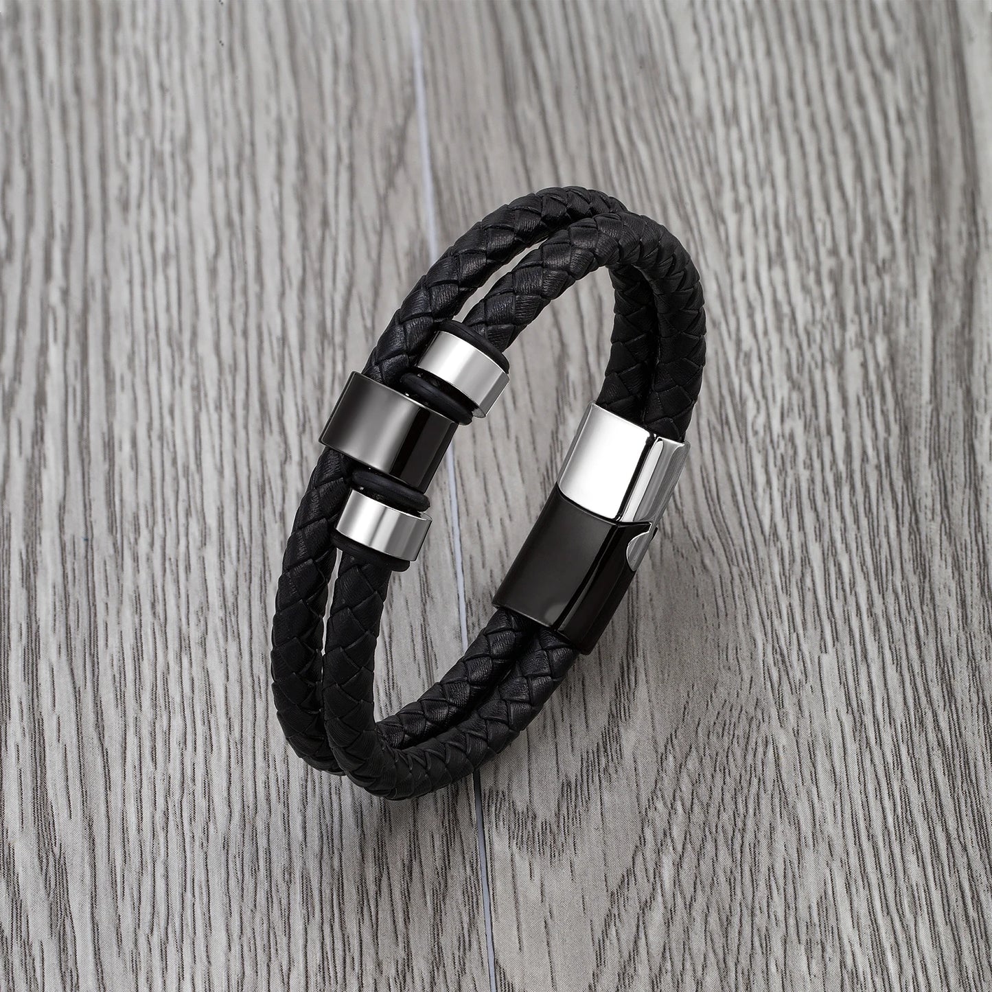 Bransoletka męska ze stali nierdzewnej – podwójny skórzany rzemień z motywem gór