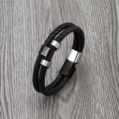 Bransoletka męska ze stali nierdzewnej – podwójny skórzany rzemień z motywem gór