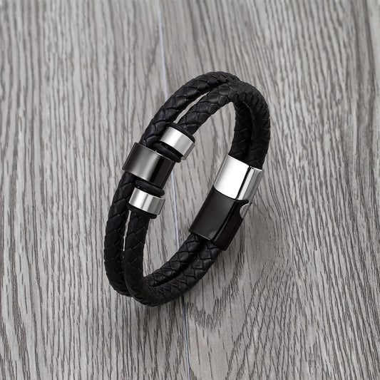 Bransoletka męska ze stali nierdzewnej – podwójny skórzany rzemień z motywem gór