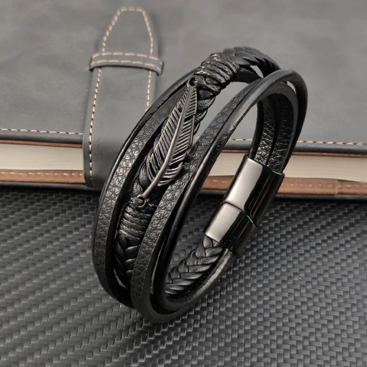 Bransoletka Wielowarstwowa Skórzana z Liściem Klonu