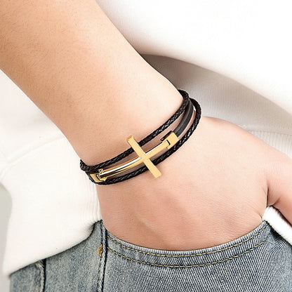 Bransoletka ze Stali Nierdzewnej dla Mężczyzn – Skórzany Design z Krzyżem