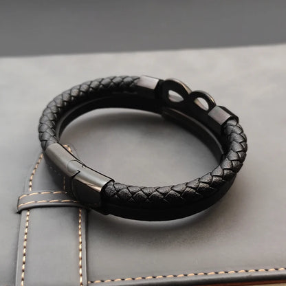 Bransoletka Męska ze Stali Nierdzewnej i Skóry - Wykonana z Plecionego Rzemienia