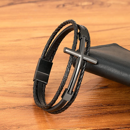 Bransoletka ze Stali Nierdzewnej dla Mężczyzn – Skórzany Design z Krzyżem