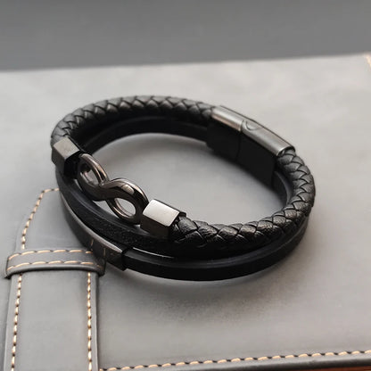 Bransoletka Męska ze Stali Nierdzewnej i Skóry - Wykonana z Plecionego Rzemienia
