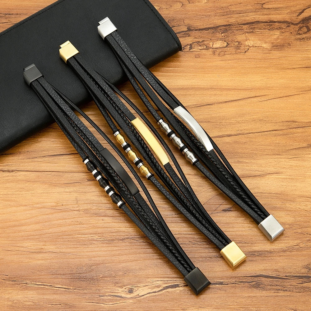 Bransoleta Męska Skórzana z koralikami ze Stali Nierdzewnej