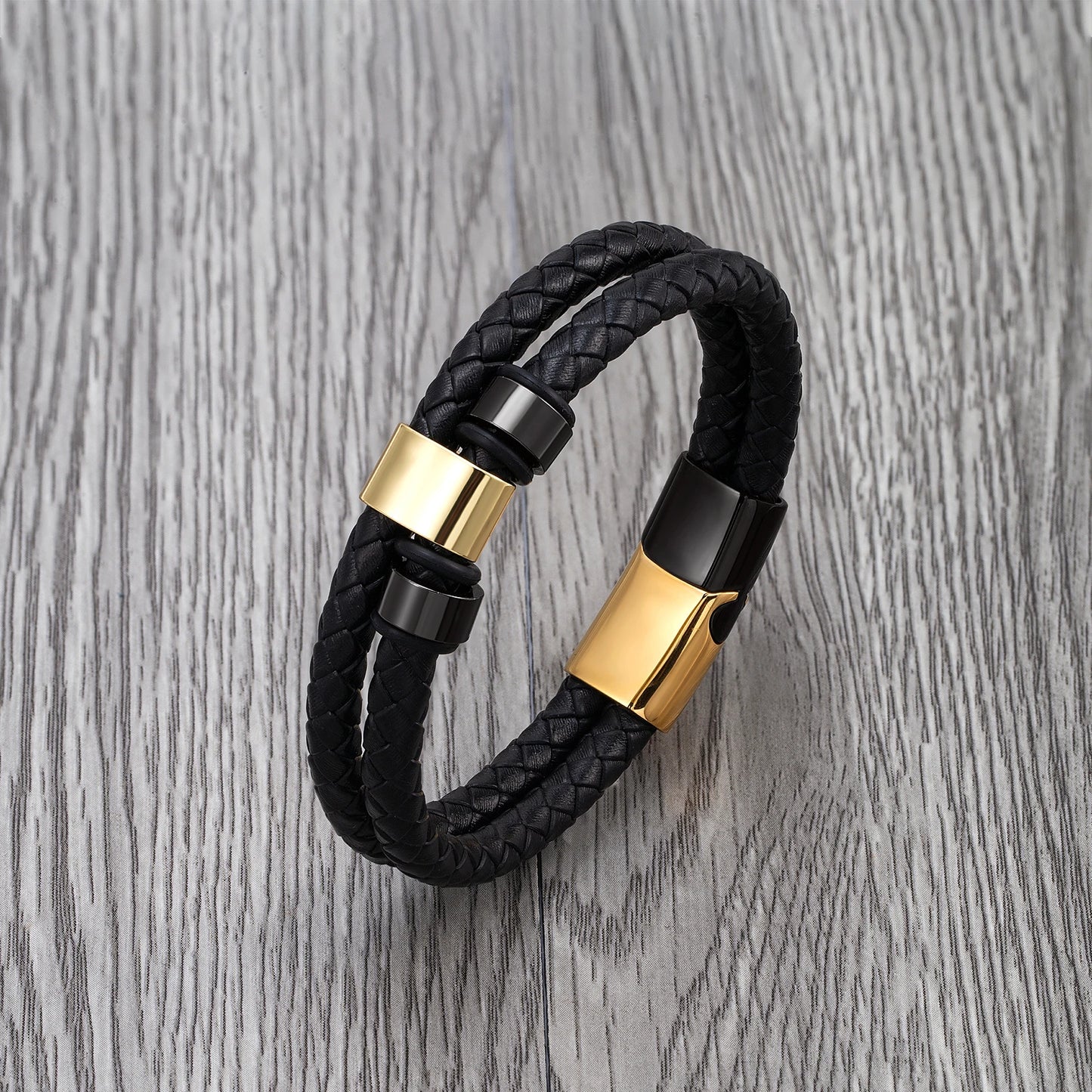 Bransoletka męska ze stali nierdzewnej – podwójny skórzany rzemień z motywem gór