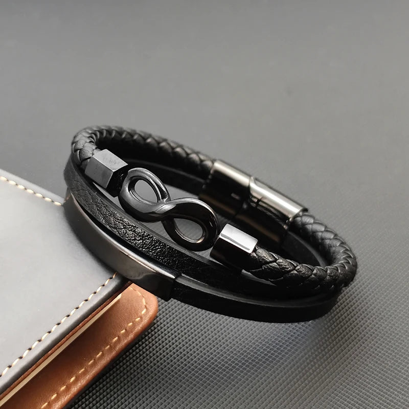 Bransoletka Męska ze Stali Nierdzewnej i Skóry - Wykonana z Plecionego Rzemienia