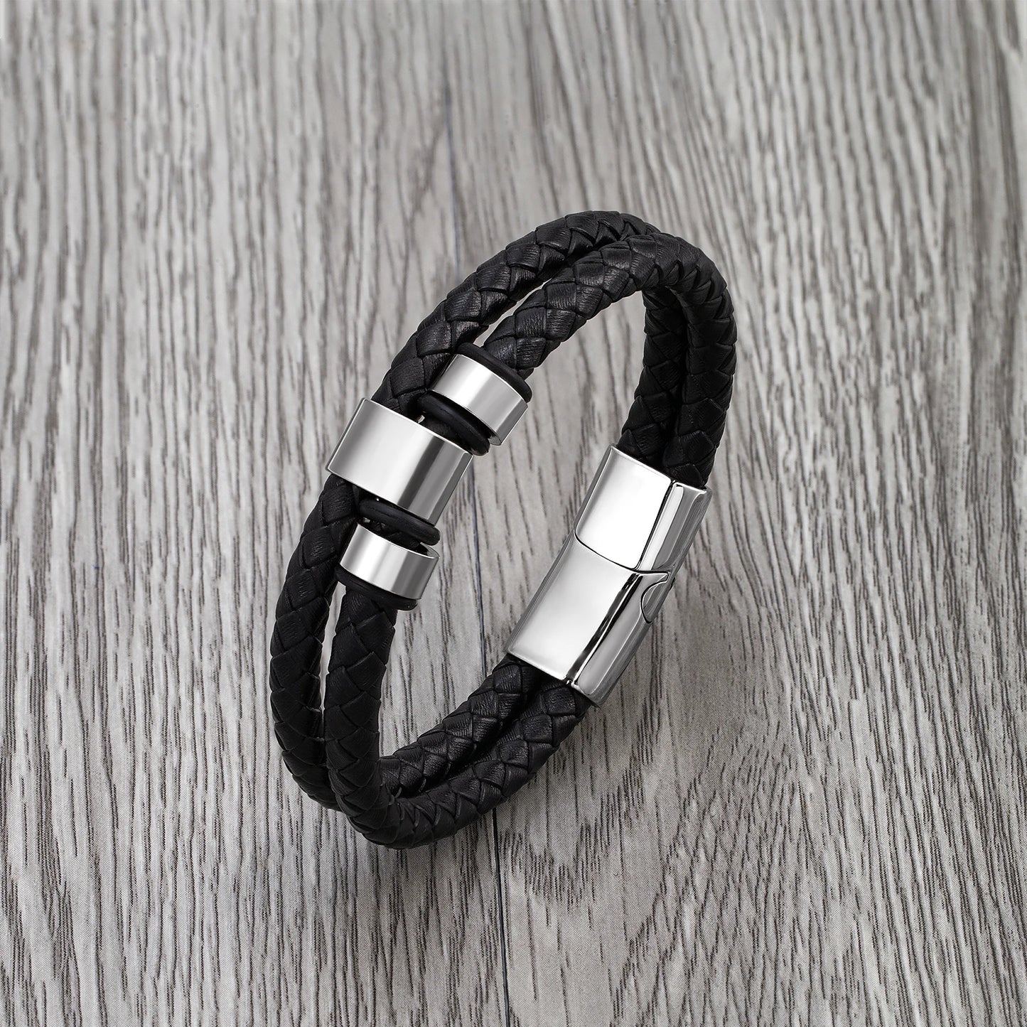 Bransoletka męska ze stali nierdzewnej – podwójny skórzany rzemień z motywem gór