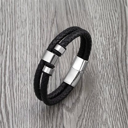 Bransoletka męska ze stali nierdzewnej – podwójny skórzany rzemień z motywem gór