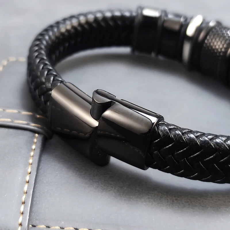 Bransoletka Męska skórzana z koralikami – platerowana stal nierdzewna