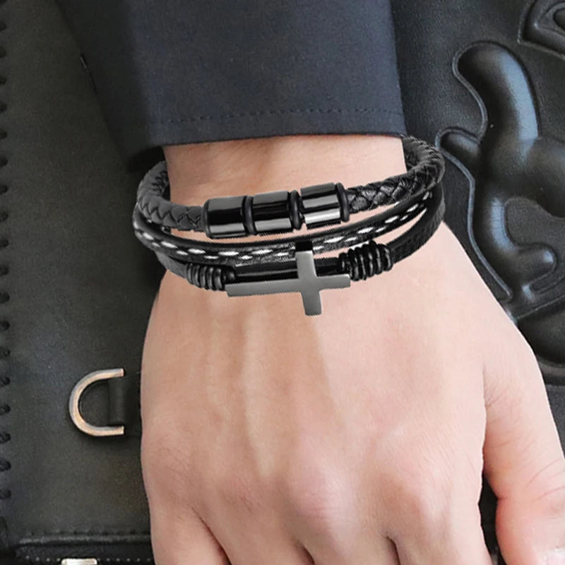 Bransoletka z Czarnego Plecionego Rzemienia ze Stali Nierdzewnej i Tytanu dla Mężczyzn