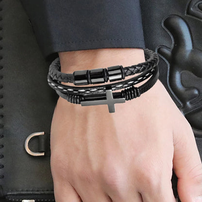 Bransoletka z Czarnego Plecionego Rzemienia ze Stali Nierdzewnej i Tytanu dla Mężczyzn