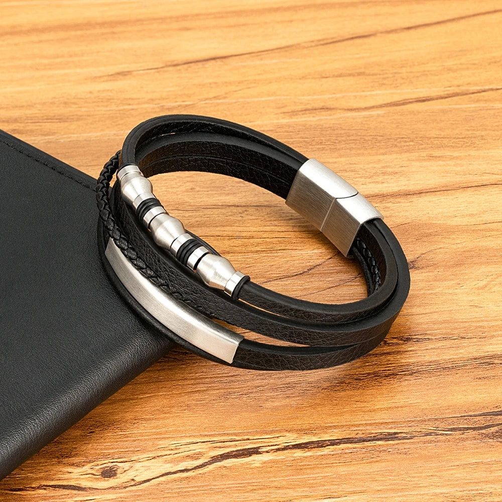 Bransoleta Męska Skórzana z koralikami ze Stali Nierdzewnej