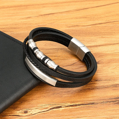 Bransoleta Męska Skórzana z koralikami ze Stali Nierdzewnej
