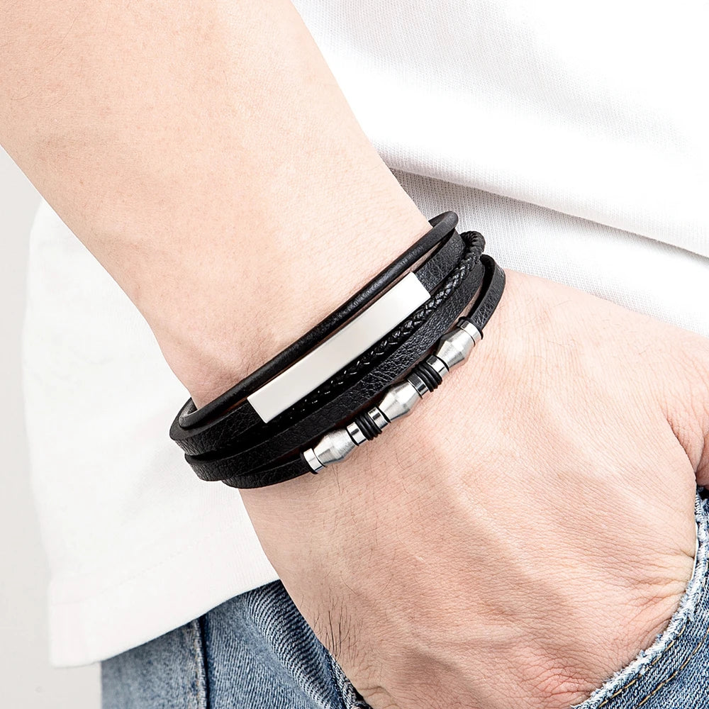 Bransoleta Męska Skórzana z koralikami ze Stali Nierdzewnej