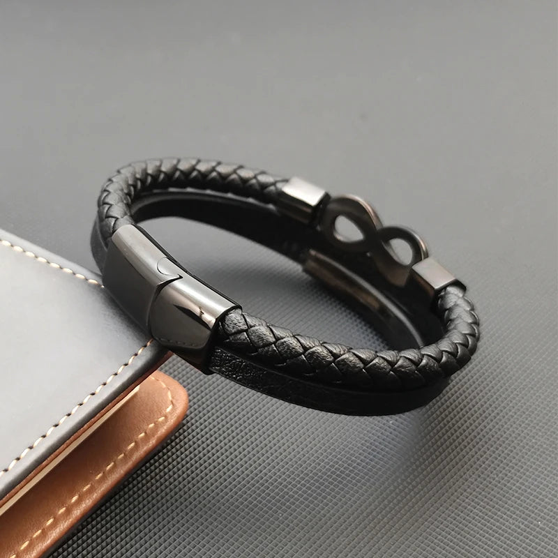 Bransoletka Męska ze Stali Nierdzewnej i Skóry - Wykonana z Plecionego Rzemienia