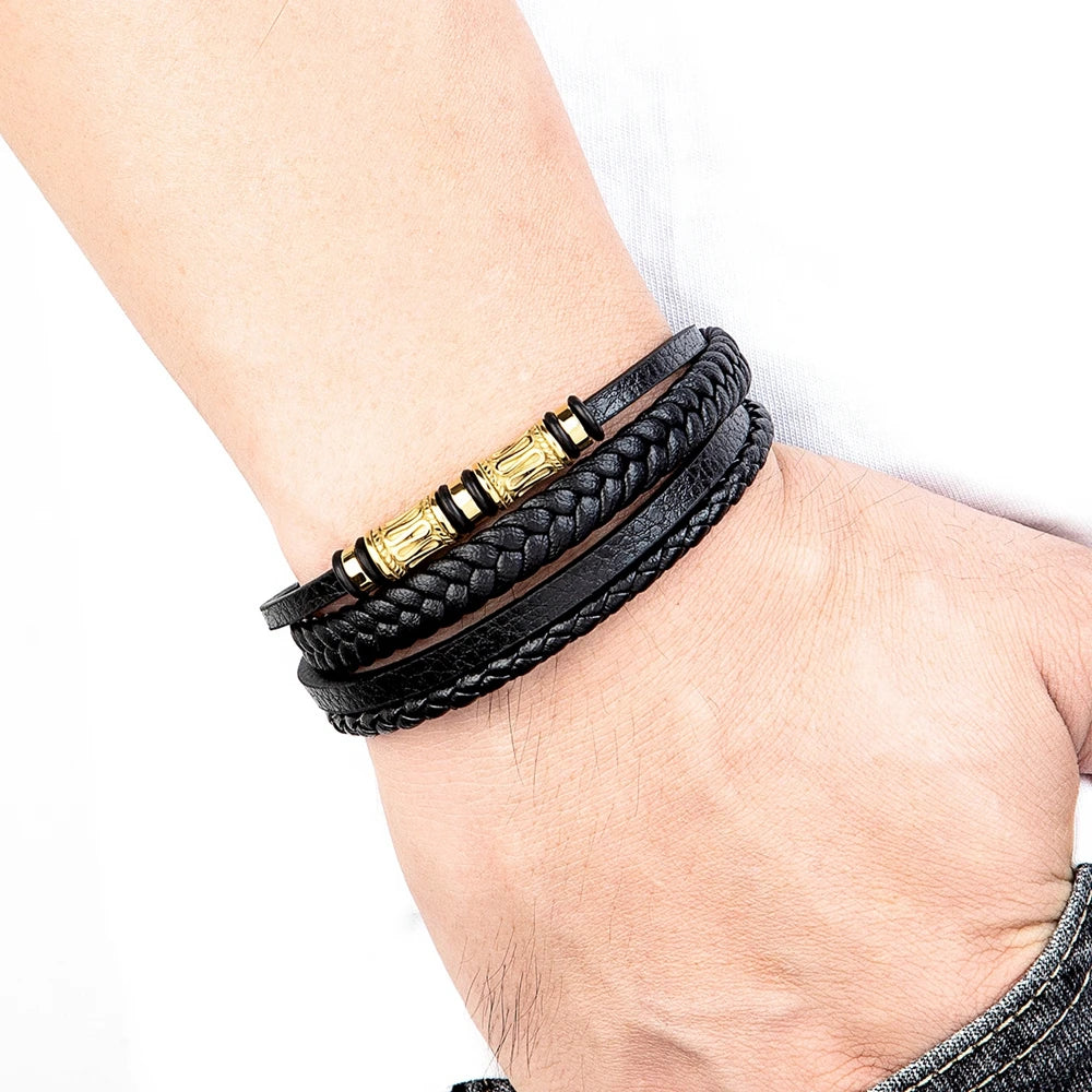 Bransoletka Męska ze Stali Chirurgicznej i Skóry – Wielowarstwowy Design