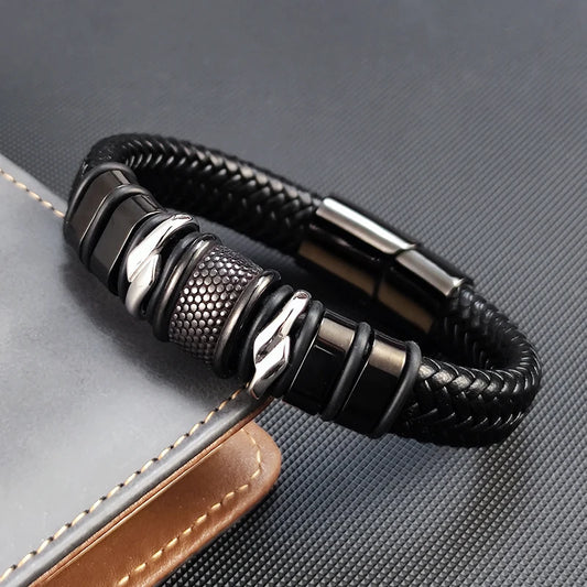 Bransoletka Męska skórzana z koralikami – platerowana stal nierdzewna